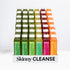 Display of 30 Skinny Cleanse® plastic juice bottles in a carton, featuring “Sweet Greens,” “Tarte Greens,” “Cool Greens,” “Sweet Roots,” and “Citrus Carrot” varieties.
