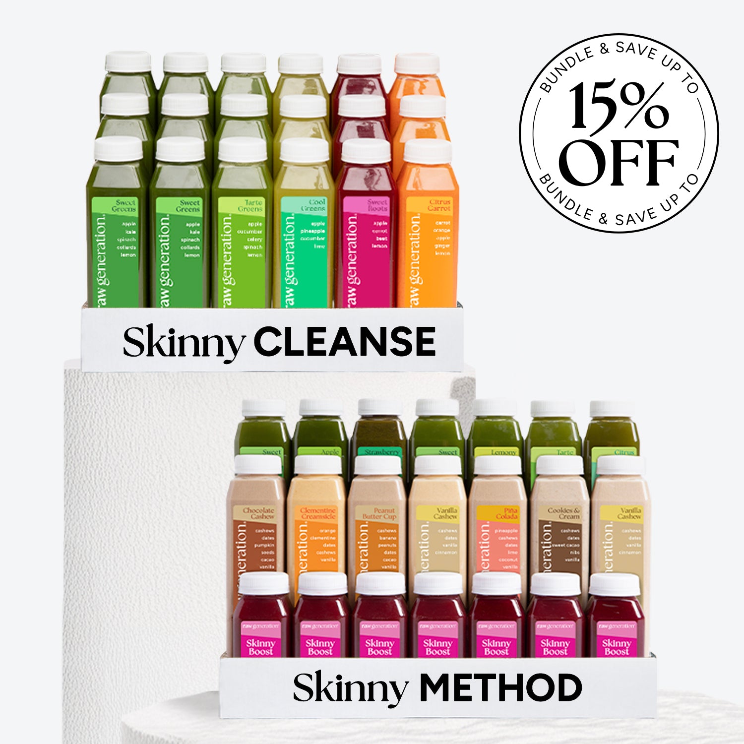 Skinny Cleanse® + Skinny Method™ Bundle: includes vibrant juices, creamy cashew drinks, and Skinny Boost shots; features a Bundle & Save up to 15% OFF offer.