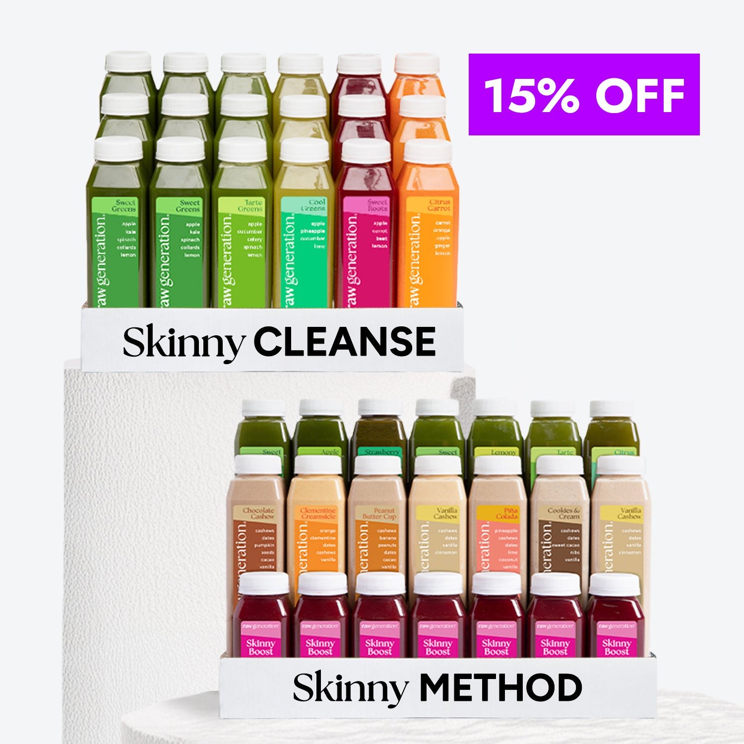 Skinny Cleanse® + Skinny Method™ Bundle featuring green and fruit juices, dessert-style nut smoothies, and Skinny Boost shots. Includes a 15% off promotion.