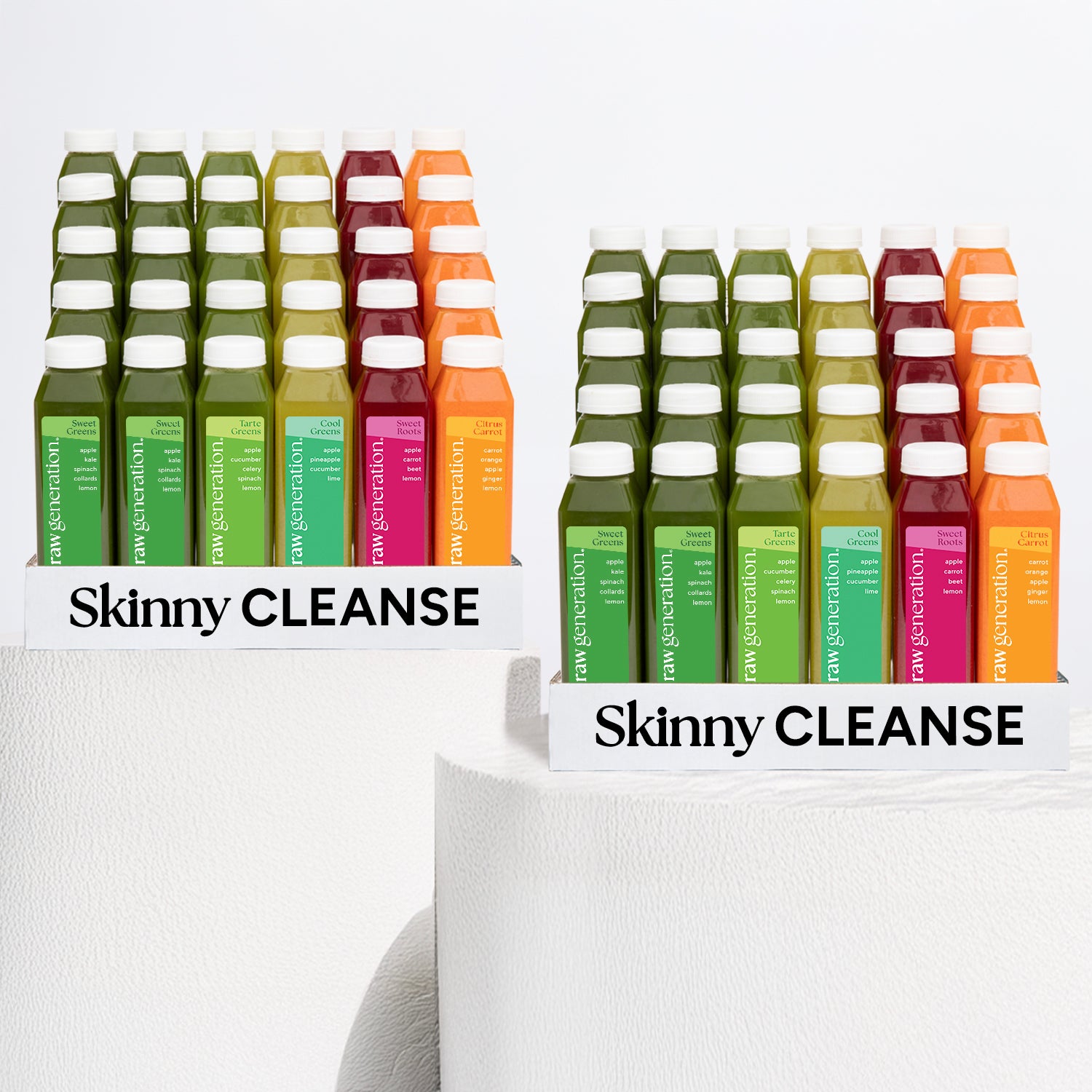 Cleanse for 2: Two trays of rawGeneration's Skinny CLEANSE juice bottles for a joint 5-day detox and weight loss journey.