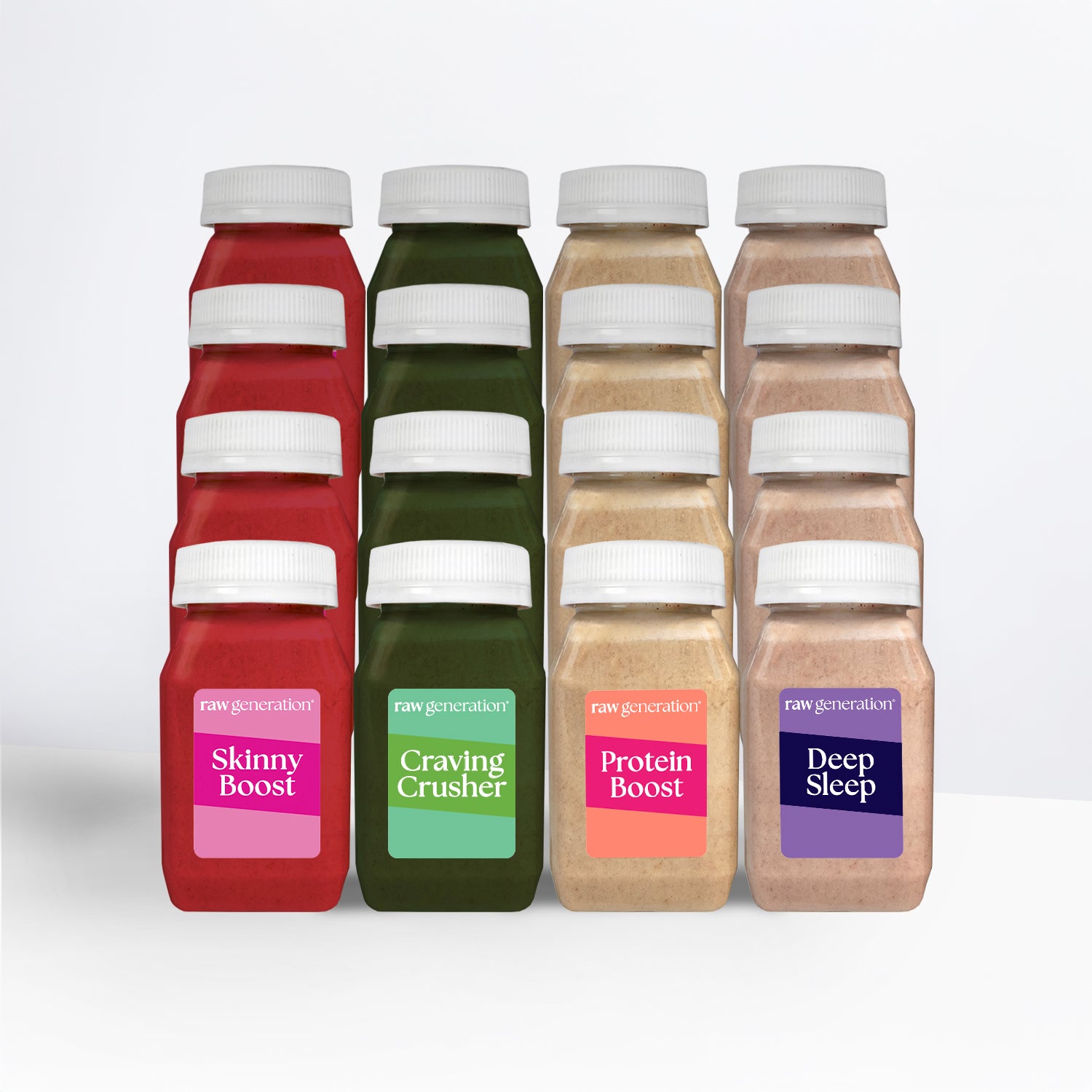 Functional Shots - 12-Pack, featuring Skinny Boost, Craving Crusher, Protein Boost, and Deep Sleep shakes, arranged in a lineup of three bottles each.