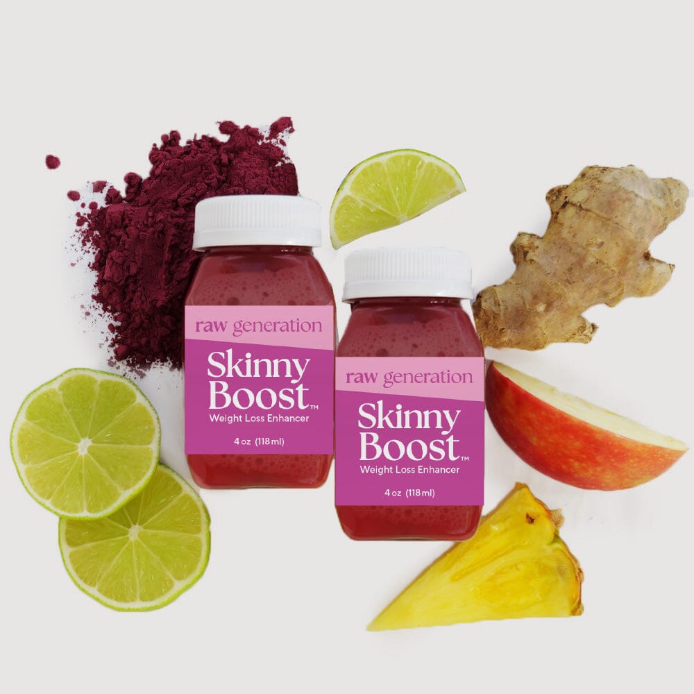 Skinny Boost™ Weight Loss Enhancer Shot (2-Count) bottles surrounded by pineapple, apple, lime, and ginger, highlighting ingredients that aid digestion and reduce bloating.