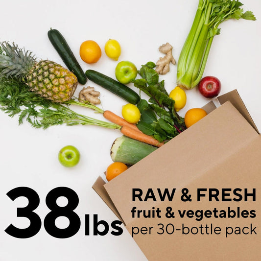 38 lbs of raw and fresh fruit and vegetables per 30 bottle pack
