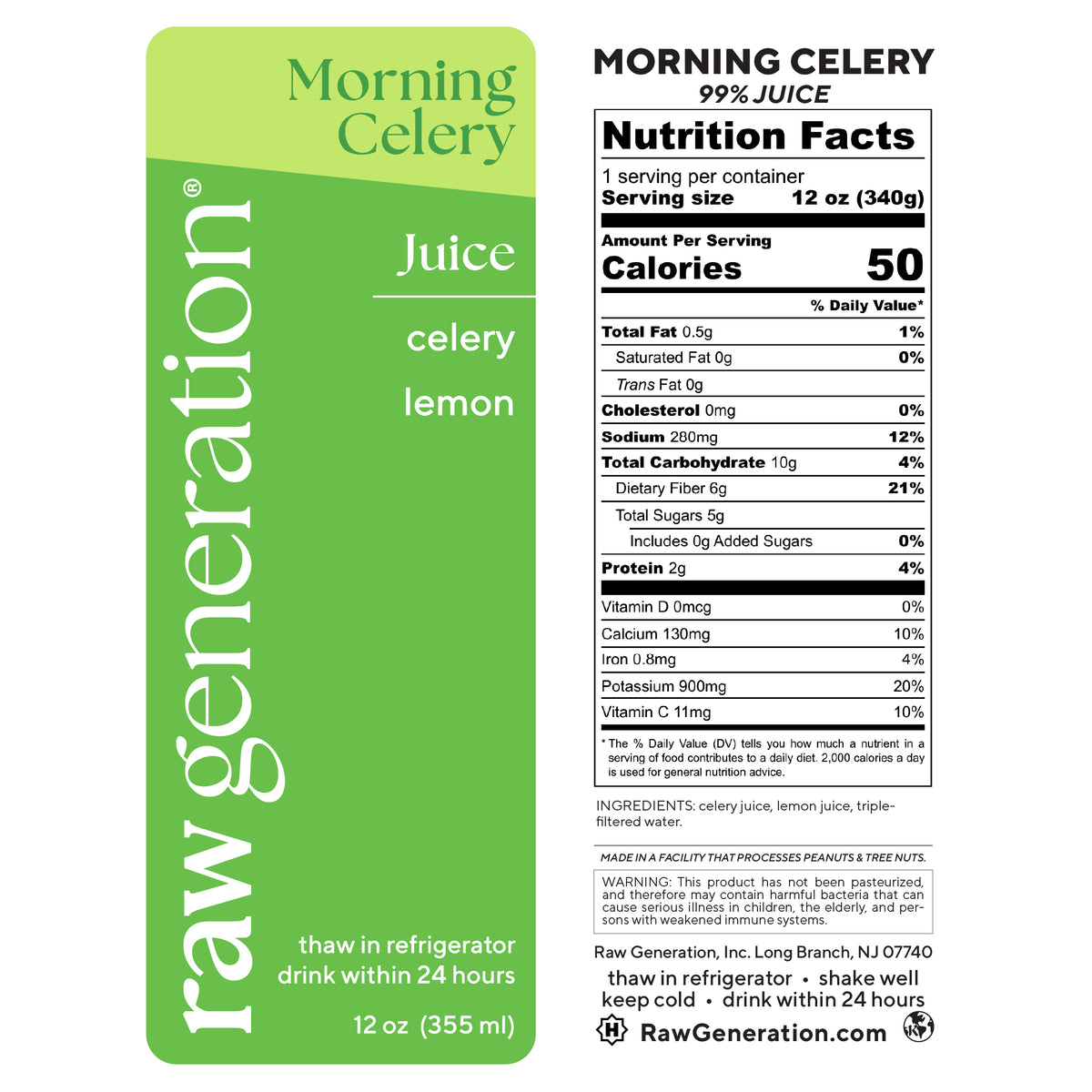 Morning Celery Juice by Raw Generation, a 12 oz cold-pressed bottle with celery-lemon flavor. Nutrition: 50 calories, 2g protein, 280mg sodium, 900mg potassium. Ingredients: celery juice, lemon juice, triple-filtered water.