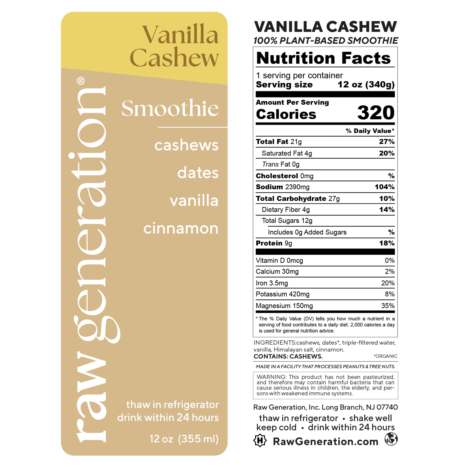 Vanilla Cashew Smoothie bottle showing front label with ingredients and thaw instructions, and back label with detailed nutrition facts and ingredient list.