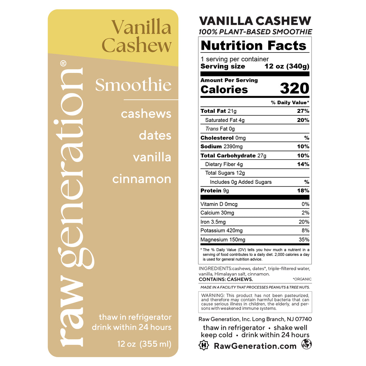 Vanilla cashew smoothie label