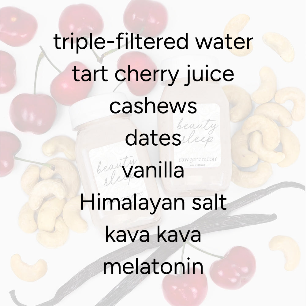Bridal Beauty Sleep blend ingredients styled with cherries, cashews, vanilla, and small jars, emphasizing natural elements like tart cherry juice and melatonin for restful sleep.