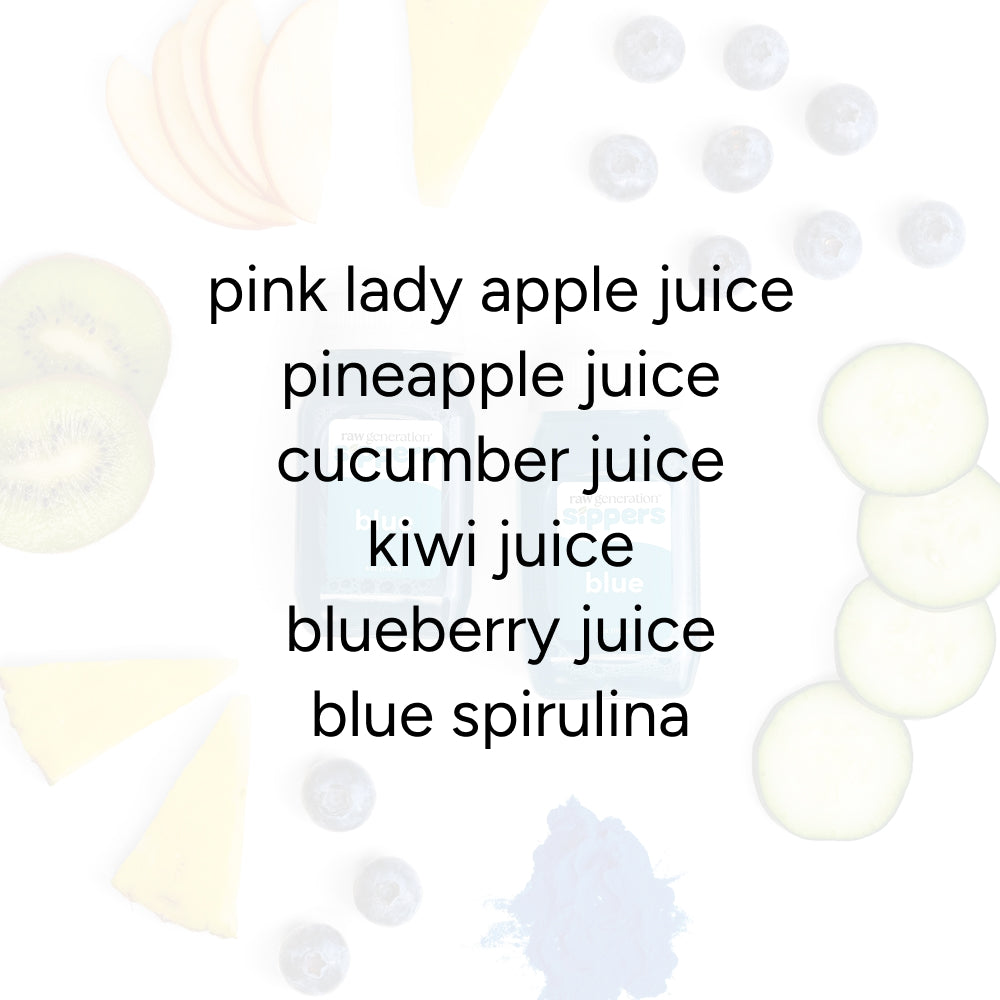 Blue Sippers for Kids (2-Count) featuring sliced apple, pineapple, cucumber, kiwi, blueberries, and a powder, highlighting a blend of pure fruit juices and blue spirulina.