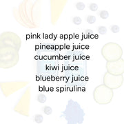 Blue Sippers for Kids (2-Count) featuring sliced apple, pineapple, cucumber, kiwi, blueberries, and a powder, highlighting a blend of pure fruit juices and blue spirulina.