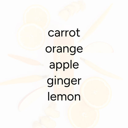 Citrus Carrot juice features carrot, orange, apple, ginger, and lemon, visually highlighted by their fresh slices, promoting immunity with 110% daily Vitamin C.