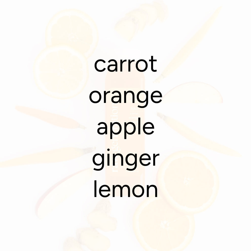 Citrus Carrot juice features carrot, orange, apple, ginger, and lemon, visually highlighted by their fresh slices, promoting immunity with 110% daily Vitamin C.