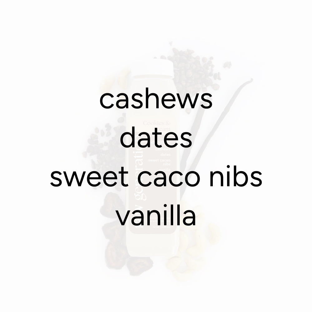 Cookies & Cream Smoothie bottle surrounded by cashews, dates, sweet cacao nibs, and a vanilla bean, highlighting its plant-based protein-rich ingredients.