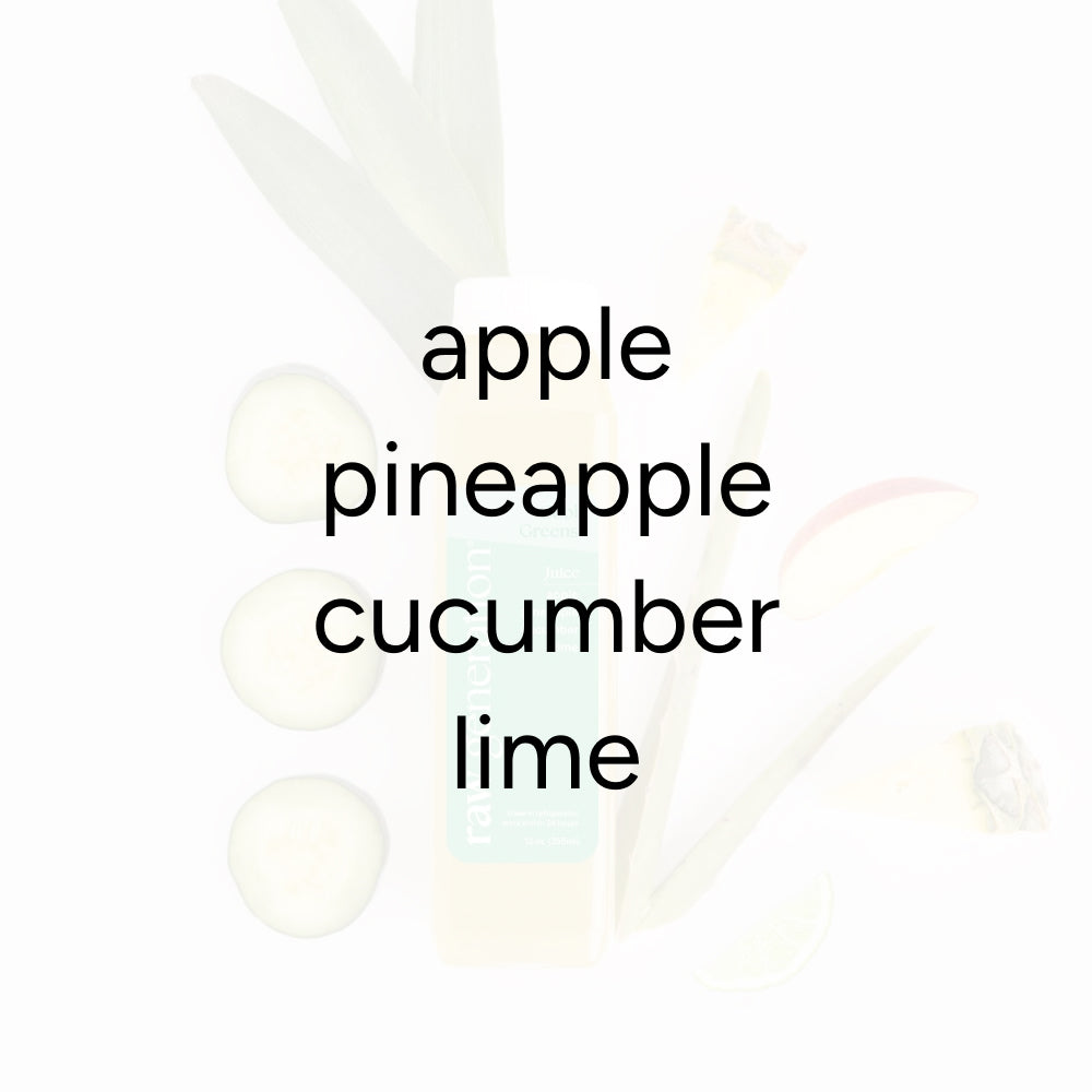 Cool Greens juice carton with slices of apple, pineapple, cucumber, and lime, highlighting benefits like fewer wrinkles and faster healing thanks to aloe vera.
