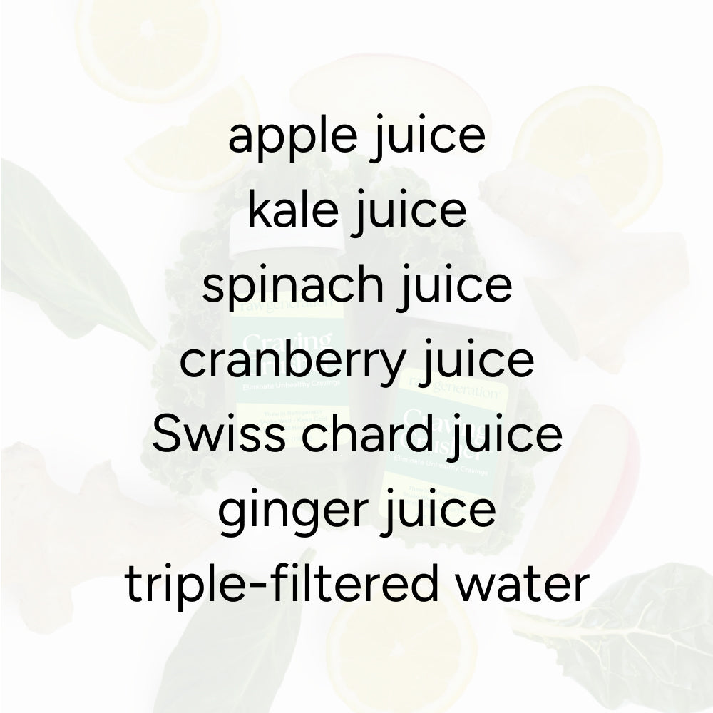 Craving Crusher™ Shot (2-Count) ingredients displayed: apple, kale, spinach, cranberry, Swiss chard, ginger juices, and triple-filtered water, promoting nutrient absorption and reducing cravings.