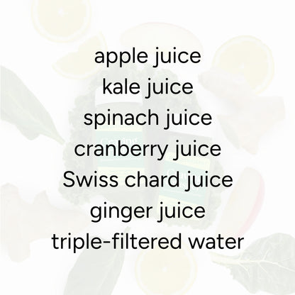 Craving Crusher™ Shot (2-Count) ingredients displayed: apple, kale, spinach, cranberry, Swiss chard, ginger juices, and triple-filtered water, promoting nutrient absorption and reducing cravings.