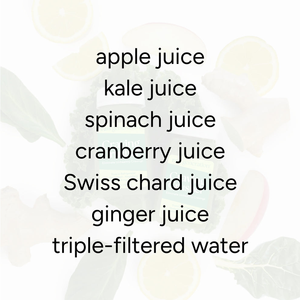 Craving Crusher™ Shot (2-Count) ingredients displayed: apple, kale, spinach, cranberry, Swiss chard, ginger juices, and triple-filtered water, promoting nutrient absorption and reducing cravings.
