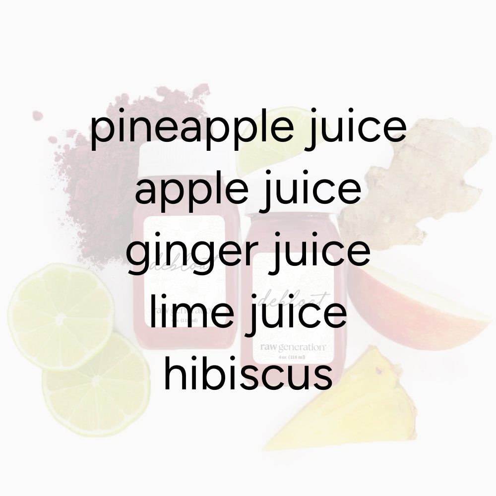 Two small Bridal De-Bloat juice bottles surrounded by lime, pineapple, apple slices, and hibiscus powder, highlighting its digestive and weight loss benefits.