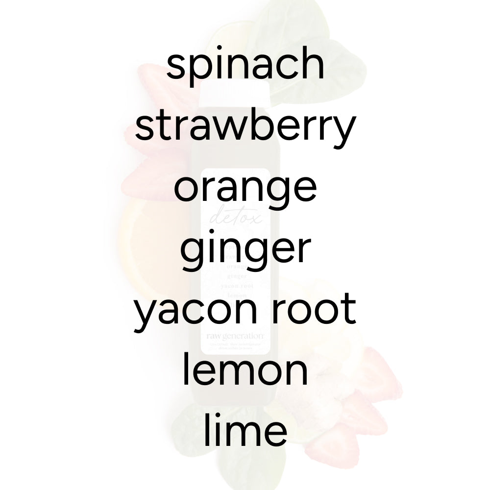 Detox Juice bottle with visible ingredients: spinach, strawberry, orange, ginger, yacon root, lemon, and lime, emphasizing its sweet, tangy flavor and 8g protein content.