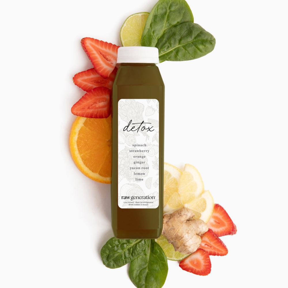 Detox Juice by Raw Generation: A plastic bottle surrounded by spinach, strawberries, orange, ginger, lemon, and lime, highlighting its sweet, tangy, protein-rich blend.