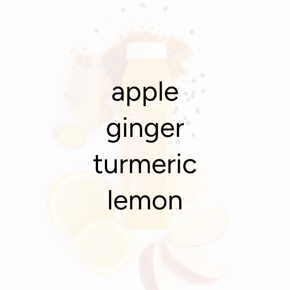 Ginger Turmeric juice bottle with apple, ginger, turmeric, and lemon slices around it, promoting immune support with added black pepper.