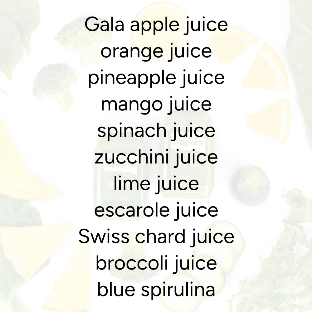 Green Sippers for Kids (2-Count) features a variety of juices and blue spirulina, designed for kids with pure ingredients and no added sugars.