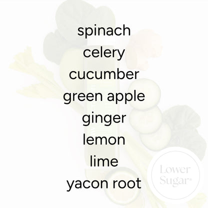 Lemony Greens Juice with spinach, celery, cucumber, green apple, ginger, lemon, lime, yacon root. Features “Lower Sugar” badge, highlighting reduced sugar content and high protein.