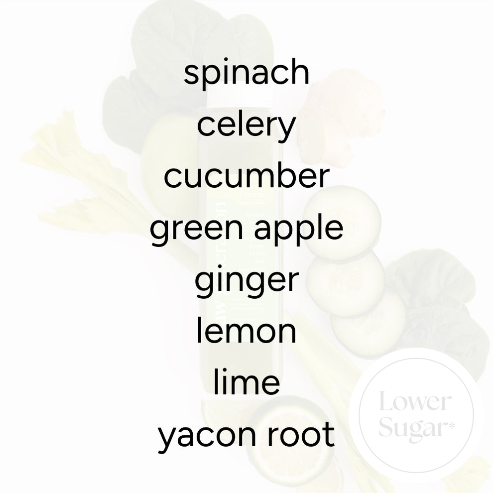 Lemony Greens Juice with spinach, celery, cucumber, green apple, ginger, lemon, lime, yacon root. Features “Lower Sugar” badge, highlighting reduced sugar content and high protein.