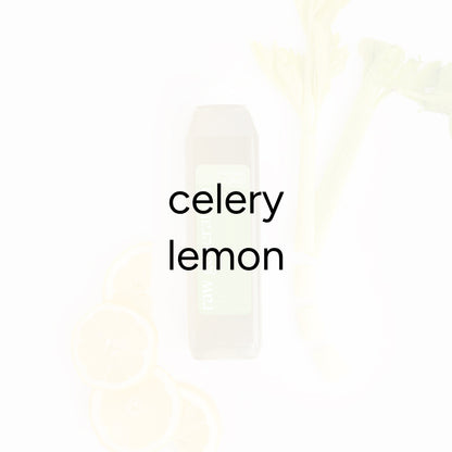 Morning Celery Juice flat-lay: bottled green juice labeled raw celery with celery stalks and lemon slices, text overlay reads “celery” and “lemon.”