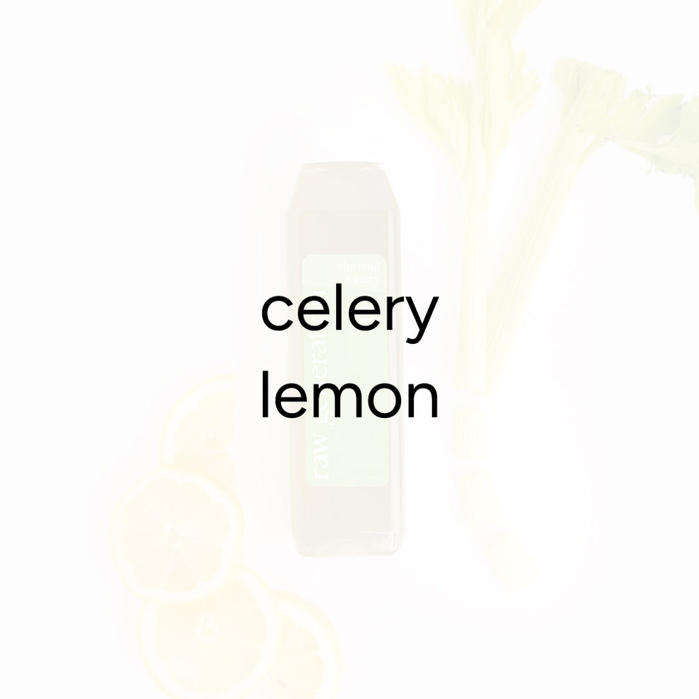 Morning Celery Juice flat-lay: bottled green juice labeled raw celery with celery stalks and lemon slices, text overlay reads “celery” and “lemon.”