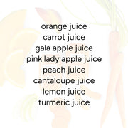 Orange Sippers for Kids (2-Count) featuring a list of juice varieties: orange, carrot, gala and pink lady apple, peach, cantaloupe, lemon, and turmeric juice.