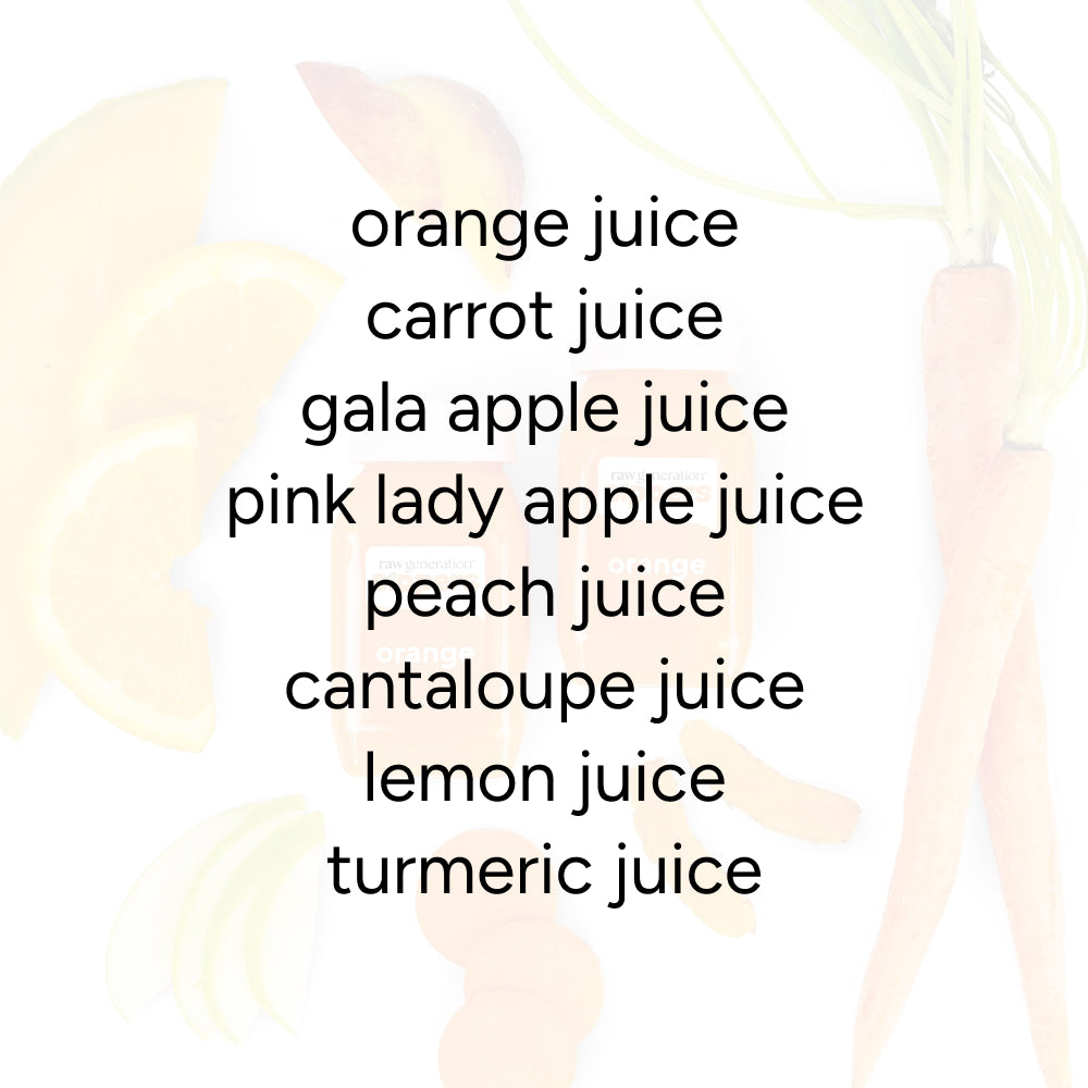 Orange Sippers for Kids (2-Count) featuring a list of juice varieties: orange, carrot, gala and pink lady apple, peach, cantaloupe, lemon, and turmeric juice.