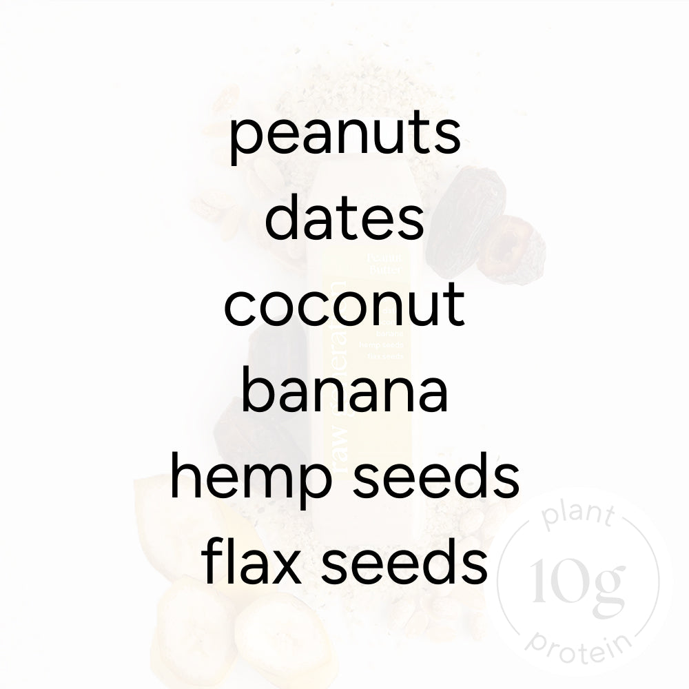 Peanut Butter Smoothie: Image highlights ingredients like peanuts, dates, banana, and hemp seeds, with a 10g plant protein badge and a raw bar in the background.
