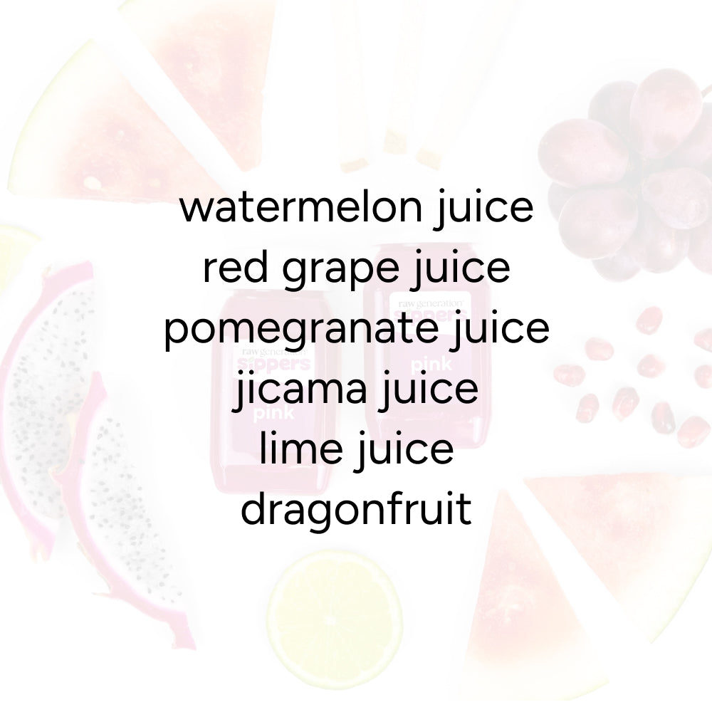 Pink Sippers for Kids (2-Count) by Raw Generation featuring watermelon, red grape, pomegranate, jicama, lime juices, and dragonfruit, highlighting immune support and cardiovascular wellness with pure, natural ingredients.
