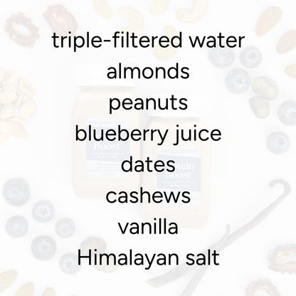 Protein Boost™ (2 Count) features ingredients like almonds, peanuts, and blueberry juice, offering 10g of plant protein per shot for pre- or post-workout nutrition.