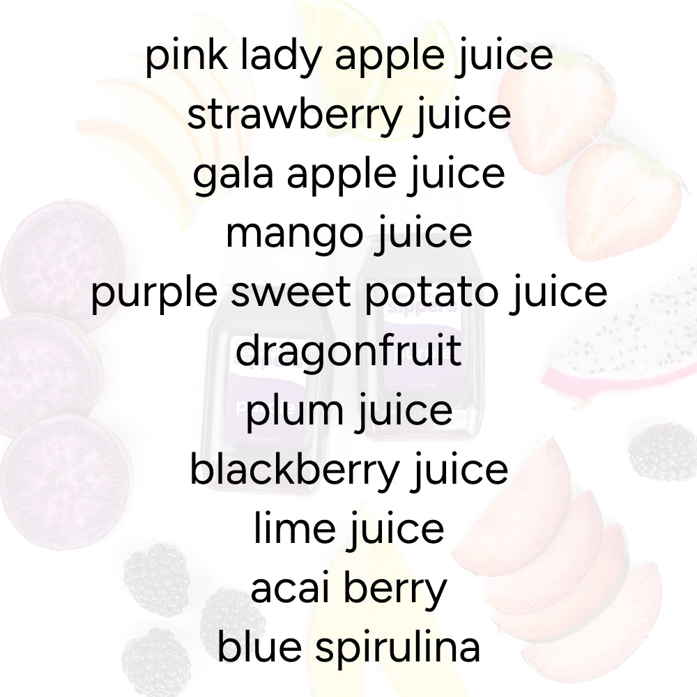 Purple Sippers for Kids (2-Count) featuring juices from Pink Lady apple, strawberry, gala apple, mango, and purple sweet potato, designed for kid-friendly flavor and pure ingredients.