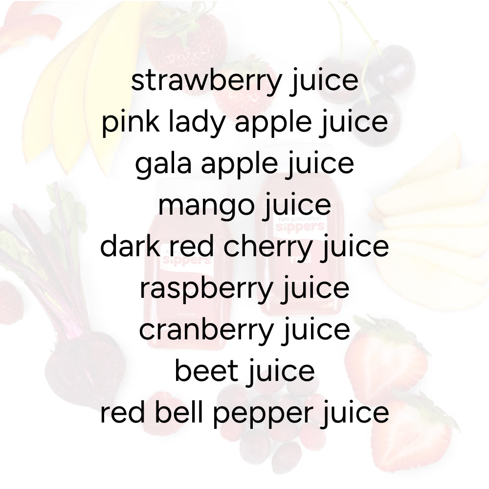 Red Sippers for Kids (2-Count) features juices from strawberries, apples, mangoes, cherries, raspberries, cranberries, beets, and red bell peppers, promoting heart health with pure ingredients.