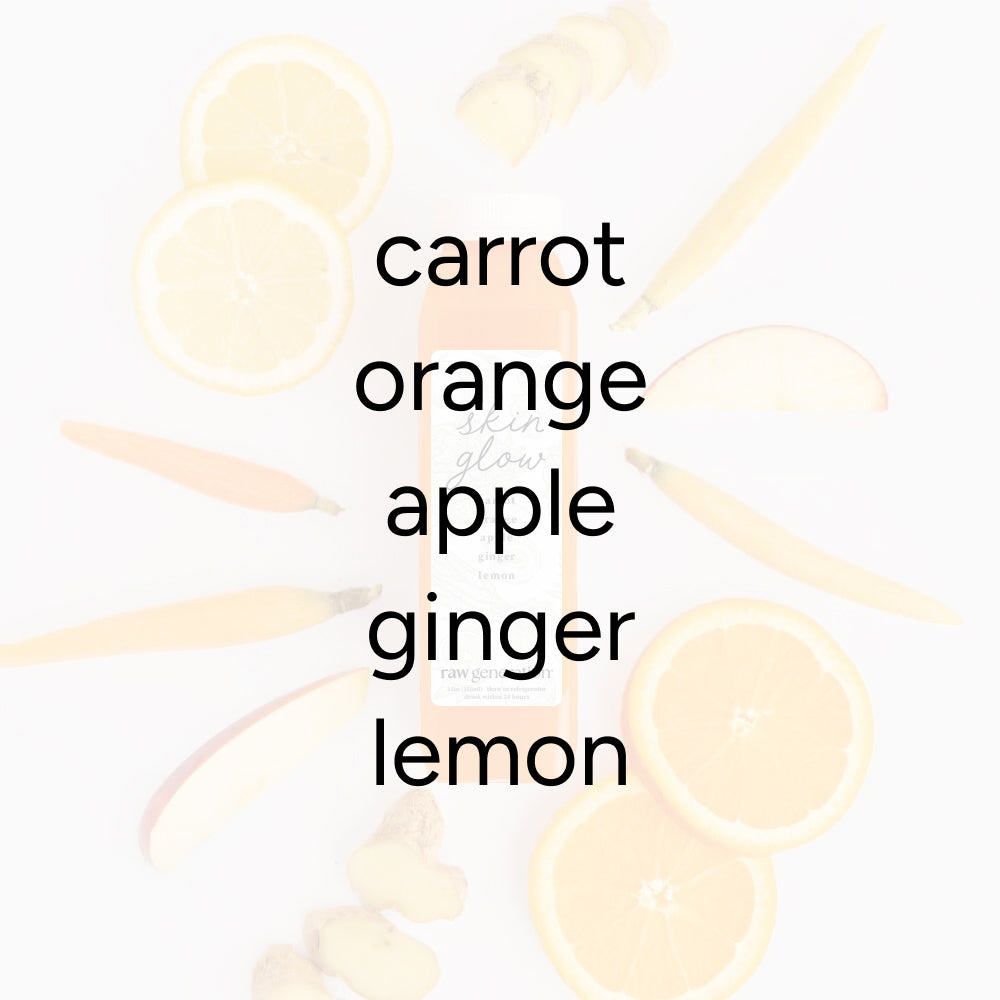 Bridal Skin Glow juice bottle amidst carrot, orange, apple, ginger, and lemon slices; boosts immunity with 110% Vitamin C.
