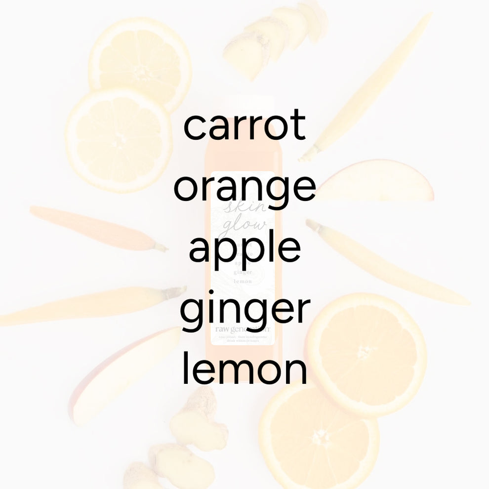 Bridal Skin Glow juice bottle amidst carrot, orange, apple, ginger, and lemon slices; boosts immunity with 110% Vitamin C.