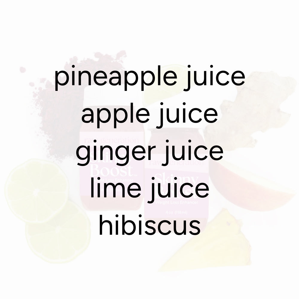 Skinny Boost™ Weight Loss Enhancer Shot (2-Count) listing ingredients: pineapple, apple, ginger, and lime juices, hibiscus; supports digestion, reduces bloating.