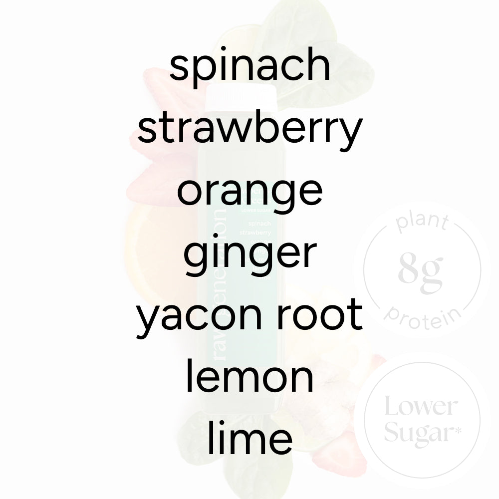 Strawberry Greens Juice label displaying ingredients: spinach, strawberry, orange, ginger, yacon root, lemon, lime. Features 8g plant protein and lower sugar compared to leading juices.