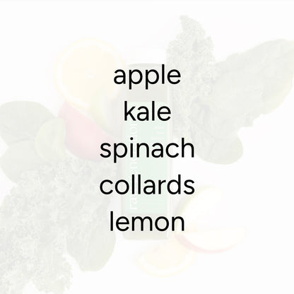 Sweet Greens Juice ingredients list over a subtle greens and fruit background, highlighting nutrient-rich components: apple, kale, spinach, collards, and lemon.