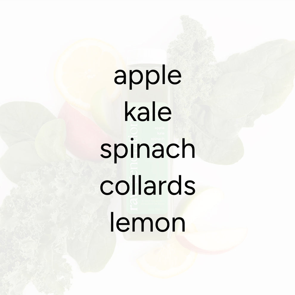 Sweet Greens Juice ingredients list over a subtle greens and fruit background, highlighting nutrient-rich components: apple, kale, spinach, collards, and lemon.