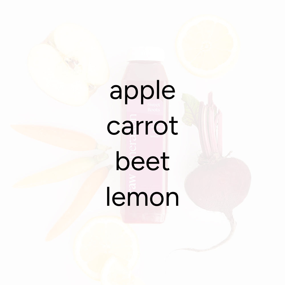 Sweet Roots Juice bottle, surrounded by halved apple, whole carrots, whole beet with greens, and sliced lemon, highlighting its nutrient-rich, antioxidant-packed ingredients.