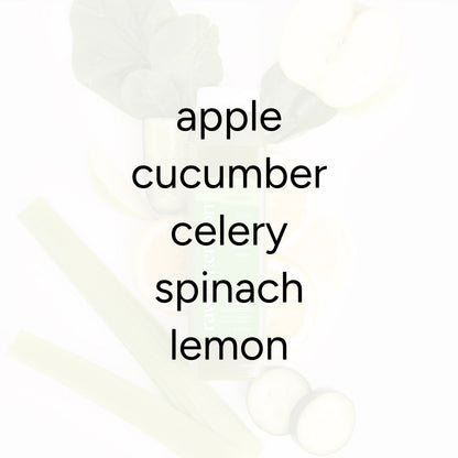 Tarte Greens ingredients—apple, cucumber, celery, spinach, lemon—highlighted over a green juice bottle, emphasizing 7g protein and essential vitamins.