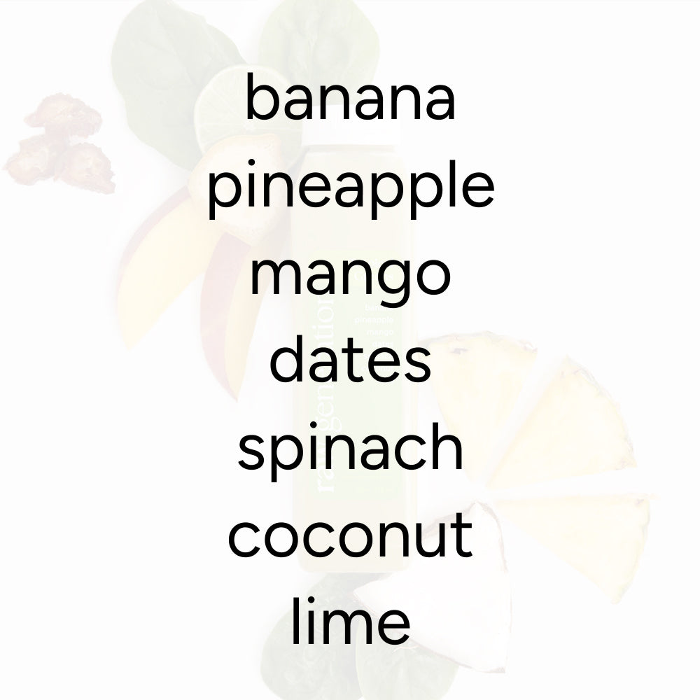 Tropical Greens Smoothie ingredients: banana, pineapple, mango, dates, spinach, coconut milk, lime. Perfect for a fiber-rich, island-inspired drink experience.