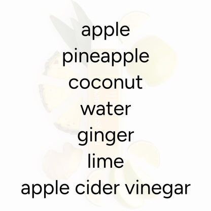 Tropical Sunrise Juice bottle with ingredients: apple, pineapple, coconut water, ginger, lime, and apple cider vinegar, promoting Vitamin C, digestive enzymes, and anti-aging benefits.
