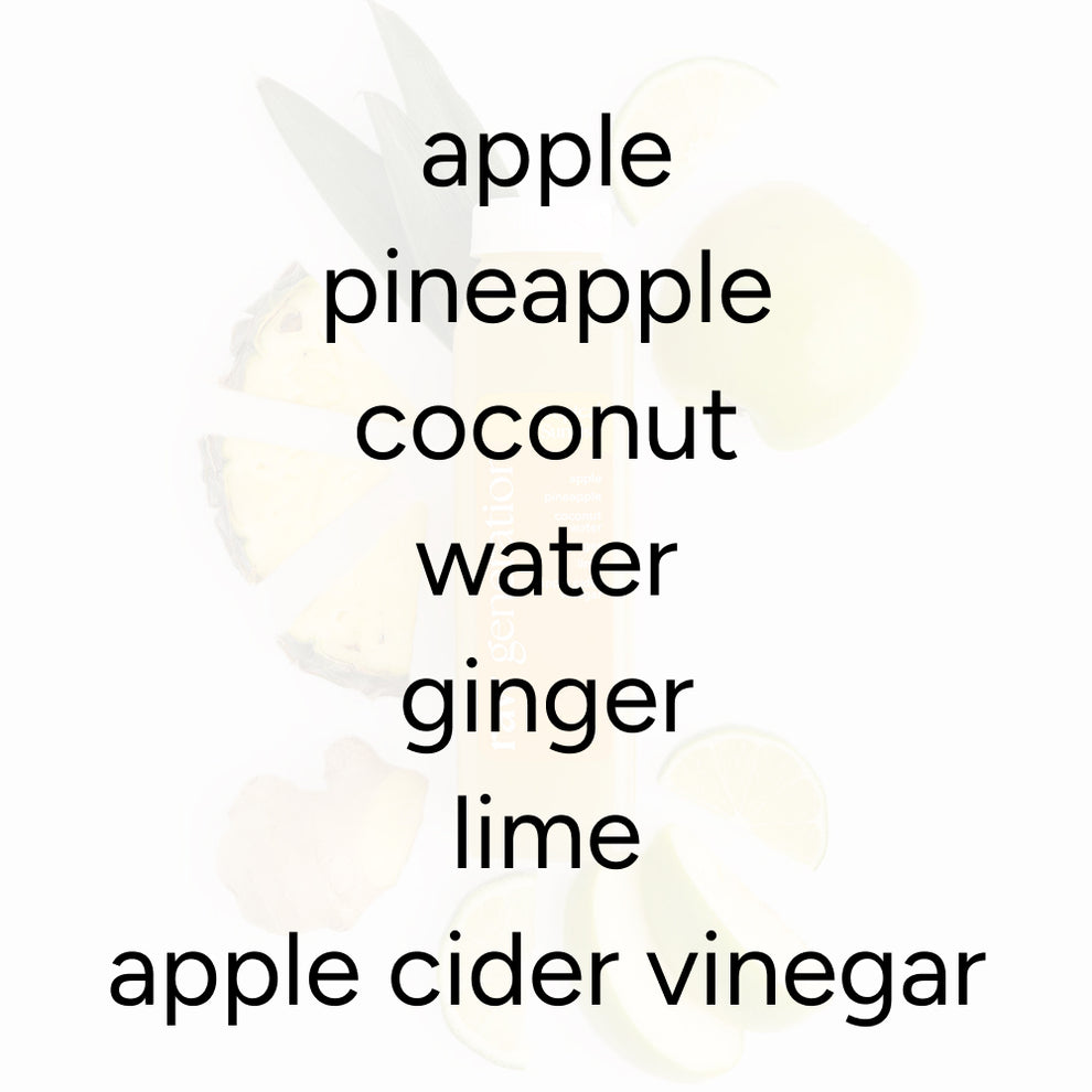 Tropical Sunrise Juice bottle with ingredients: apple, pineapple, coconut water, ginger, lime, and apple cider vinegar, promoting Vitamin C, digestive enzymes, and anti-aging benefits.