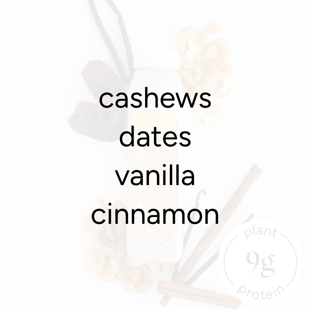 Vanilla Cashew Smoothie ingredients panel with cashews, dates, vanilla, cinnamon; background shows cashew nuts, dates, vanilla beans, cinnamon sticks, and a plant-based protein drink bottle.