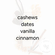Vanilla Cashew Smoothie ingredients panel with cashews, dates, vanilla, cinnamon; background shows cashew nuts, dates, vanilla beans, cinnamon sticks, and a plant-based protein drink bottle.