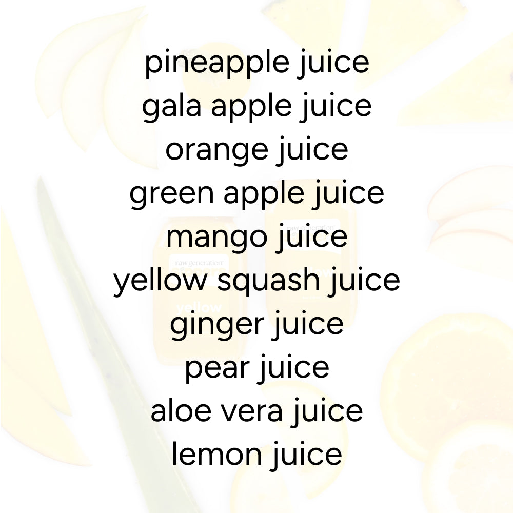 Yellow Sippers for Kids (2-Count) list juices: pineapple, gala apple, orange, green apple, mango, yellow squash, ginger, pear, aloe vera, lemon.
